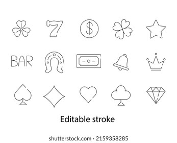 Casino line icons collection. Playing cards and money. Slot machine signs set. Bell and horseshoe. Contour symbols pack. Editable stroke. Isolated vector stock illustration