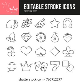 Casino line icons set with editable stroke. Vector slot-machine outline symbols.