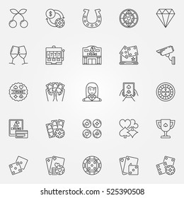 Casino line icons. Vector set of playing cards, dices, money and other gambling concept symbols in thin line style