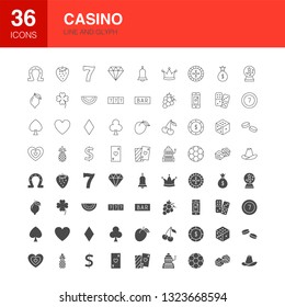 Casino Line Web Glyph Icons. Vector Illustration of Games Outline and Solid Symbols. 