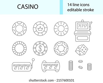 Casino linear icons set. Slot machine signs collection. Casino feature. Jackpot with seven numbers. Contour symbols pack. Editable stroke. Isolated vector stock illustration