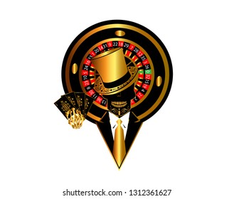 Casino logo background with skull in tuxedo and roulette wheel, cartoon