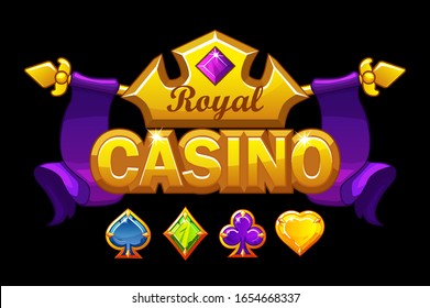 Casino logo banner with golden crown and treasure. Royal gambling background with precious stones game card symbols.