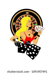 Casino logo with blond hair girl, dices, roulette wheel and cards, vector