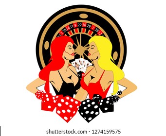 Casino logo with blond and red hair girls, roulette wheel, dices and cards, vector