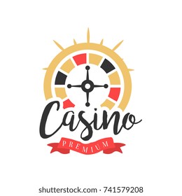 Casino logo, colorful vintage gambling badge or emblem with roulette sign vector Illustration