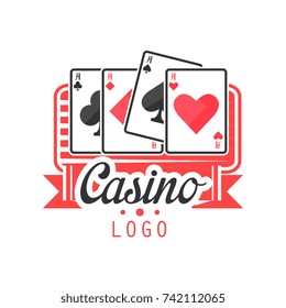 Casino logo, colorful vintage gambling badge or emblem with aces playing cards vector Illustration