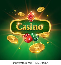 Casino logo on a green background. Dice, flying gold coins, glitter and glare of light. Vector illustration