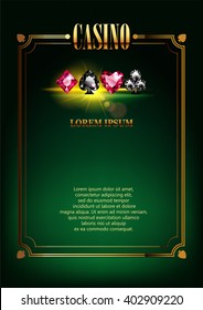 Casino Logo Poster Background or Flyer with Card Suits. Banner with Casino Logo Badges. Game Cards. Playing Casino Games. Casino Banner. Casino Gambling Border or Flyer Template background. 