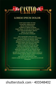Casino Logo Poster Background or Flyer with Dice. Banner with Casino Logo Badges. Game Cards. Playing Casino Games. Casino Banner. Casino gambling flyer vector illustration. Template of Casino border,
