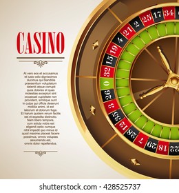 Casino logo poster background or flyer. Casino invitation or banner template with Roulette Wheel. Game design. Playing casino games. Vector illustration.
