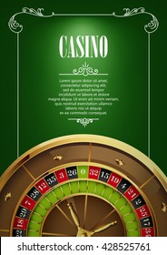 Casino Logo Poster Background or Flyer with Roulette Wheel. Banner with Logo Badges on Green Canvas. 