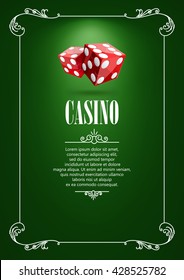 Casino Logo Poster Background or Flyer with Flying Dice. Banner with Casino Logo Badges. Game Cards on Green Canvas. Playing Casino Games. Casino Banner. Casino Games Gambling Template background.