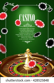 Casino Logo Poster Hintergrund oder Flyer mit Roulette Wheel und Chips. Banner mit auf der grünen Leinwand.