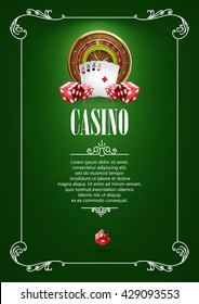 Casino Logo Poster Background or Flyer with Roulette Wheel, Playing Cards and Dice. Banner with Casino Logo Badges. Playing Casino Games. Casino Banner. Casino Games Gambling Template background.