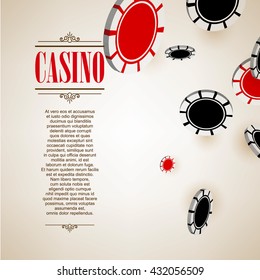 Antecedentes o volante del logotipo del casino. Invitación al casino o plantilla de banner con fichas de póquer volador . Diseño de juegos. Jugando juegos de casino. Ilustración vectorial.