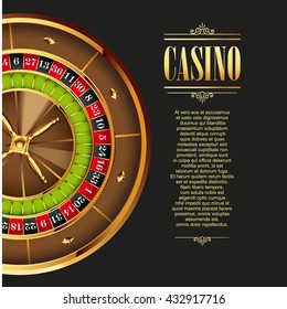 Casino logo poster background or flyer. Casino invitation or banner template with Roulette Wheel. Game design. Playing casino games. Vector illustration.