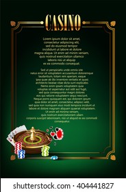 Casino Logo Poster Banner Background or Flyer with Roulette Wheel, playing cards, casino chips. Casino luxury gambling border. Casino gambling vector background. Casino classic green canvas 