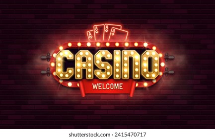 Casino logo with retro neon signs on brick wall background. Vector illustration.