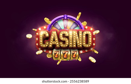 Casino logo with slot machine, wheel of fortune and golden coins. Vector illustration.