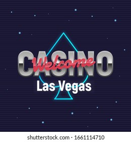 Casino logo template. Gambling retro logo with neon spades symbol. Label, badge, poster for Gambling business, casino, game house. Vector emblem template.