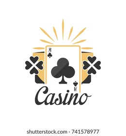 Casino logo, vintage gambling badge or emblem with ace of clubs playing card vector Illustration