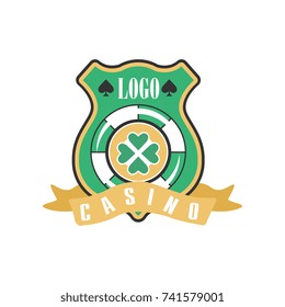 Casino logo, vintage gambling badge or emblem with green shield vector Illustration