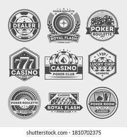 Casino logo. Vintage casino label or grunge logo icon set isolated. Poker room or club insignia emblem collection. Vector stamp with royal flash, roulette, lucky chip, dealer lettering illustration