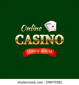 Casino - logotype concept, online casino typography design, game cards with the gold text on dark green background