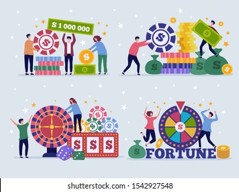 Casino lottery concept. Characters lucky gamers bingo jackpot poker playing gambling slot machine ticket victory prize vector flat