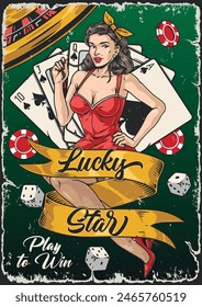 Casino luck colorful vintage poster with girl inviting to become member of poker club for gambling fans vector illustration