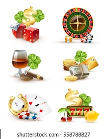 Casino luck symbols and games attributes 6 icons set  with roulette wheel aces poker chips isolated vector illustration 