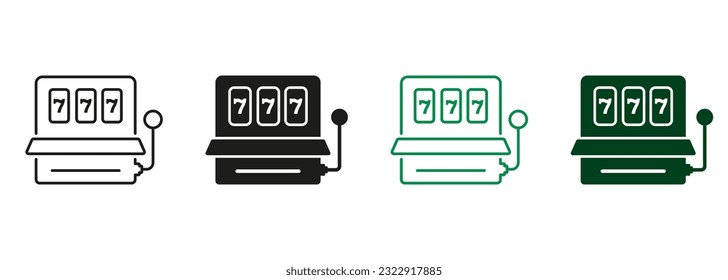 Casino Lucky, Jackpot, 777 en Las Vegas Pictogram. Línea de máquina de ranura y conjunto de iconos de silueta. Máquina de fruta, Signo de apuesta. Apuestas, Lotería, Juego de Dinero. Ilustración de vectores aislados.