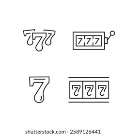 Casino lucky number icons. Set of 4 trendy minimal casino icons including Slot Machine and lucky number icon. Design elements for web page, mobile app, and gaming interface design. Vector illustration