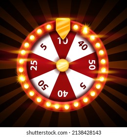 Casino lucky wheel, vector lottery game roulette, fortune spin illustration, light bulb, golden arrow. Sale discount spinner, gambling chance machine, promotion offer clipart. Red shiny lucky wheel 