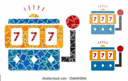 Casino machine composition of abrupt items in various sizes and color tones, based on casino machine icon. Vector rough pieces are combined into collage.