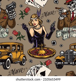 Casino and mafia colorful seamless pattern with roulette, retro cars, playing cards, flapper girl in dress holding revolver and cigarette, skeleton drinking alcohol, vector illustration