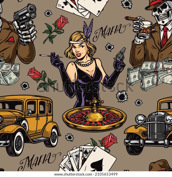 Casino and mafia colorful seamless pattern\
with roulette, retro cars, playing cards, flapper girl in dress\
holding revolver and cigarette, skeleton drinking alcohol, vector\
illustration