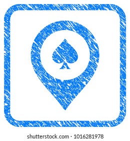 Casino Map Marker grainy textured icon inside rounded square for overlay watermark imitations. Flat symbol with dust texture.