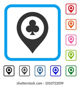 Casino Map Marker icon. Flat gray iconic symbol inside a blue rounded rectangular frame. Black, grey, green, blue, red, orange color additional versions of casino map marker vector.