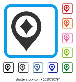 Casino Map Pointer icon. Flat grey pictogram symbol in a blue rounded squared frame. Black, grey, green, blue, red, pink color variants of casino map pointer vector.