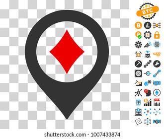 Casino Map Pointer pictograph with bonus bitcoin mining and blockchain icons. Vector illustration style is flat iconic symbols. Designed for crypto-currency apps.