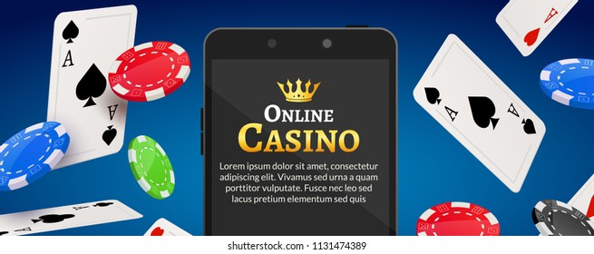 Casino mobile banner advertising. Chips dice and money online poker illustration. Smartphone casino ad.