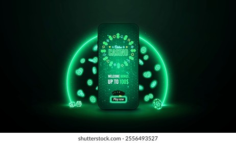 Casino mobile glowing web banner with button, neon poker chips and playing cards. Casino concept in futuristic background with glowing green circle .Bright elements and icons. Gambling app. Vector