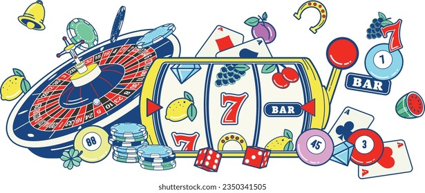 Casino mockup with a slot machine reel, a roulette wheel, poker chips, casino chips, poker cards, play cards, bingo balls, dices, and slot fruit machine symbols.