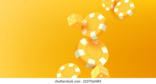 Casino modern monochrome yellow render background with flyinf chips and dice