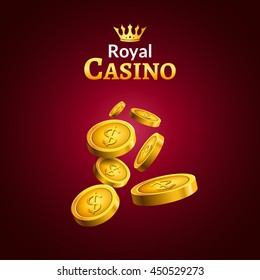 Casino money coins winner. Golden coins and crown success design illustration poster.