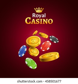 Casino money coins winner. Golden coins and poker chips falling. Crown casino success design illustration poster.