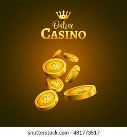 Casino money coins winner. Golden coins and crown success design illustration poster.