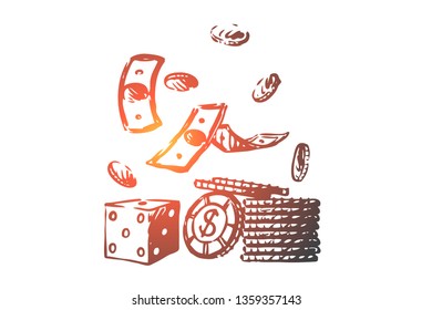 Casino, money, poker, dice, game concept. Hand drawn money, dice and game coins concept sketch. Isolated vector illustration.